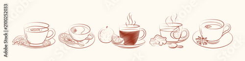 Fotografía Hand drawn tea cups, herbal teas, hot drinks and warm beverages with decorative ingredients