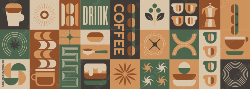 Fototapeta premium Abstract geometric coffee pattern with beans, hot drink cups, plants with leaves, bauhaus simple shapes elements. Vector minimalist seamless background, design template for cafe cover, menu, packaging