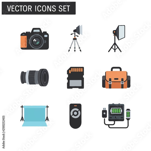 Vector icons of photography equipment tools.