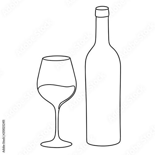 Wine bottle and glass illustration in simple line art style