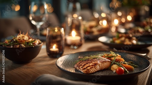Elegant gourmet dinner table with three-course meal on modern ceramic plates, soft candlelight, warm shadows, cinematic moody atmosphere, shallow depth of field, horizontal composition.