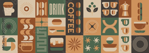 Fotografía Abstract geometric coffee pattern with beans, hot drink cups, plants with leaves, bauhaus simple shapes elements