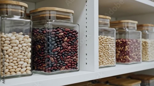 Rectangular pantry vessels with wooden tops showcase black, white and marbled kidney beans across divided white shelving, offering a crisp modular food storage scene with strong visual rhythm