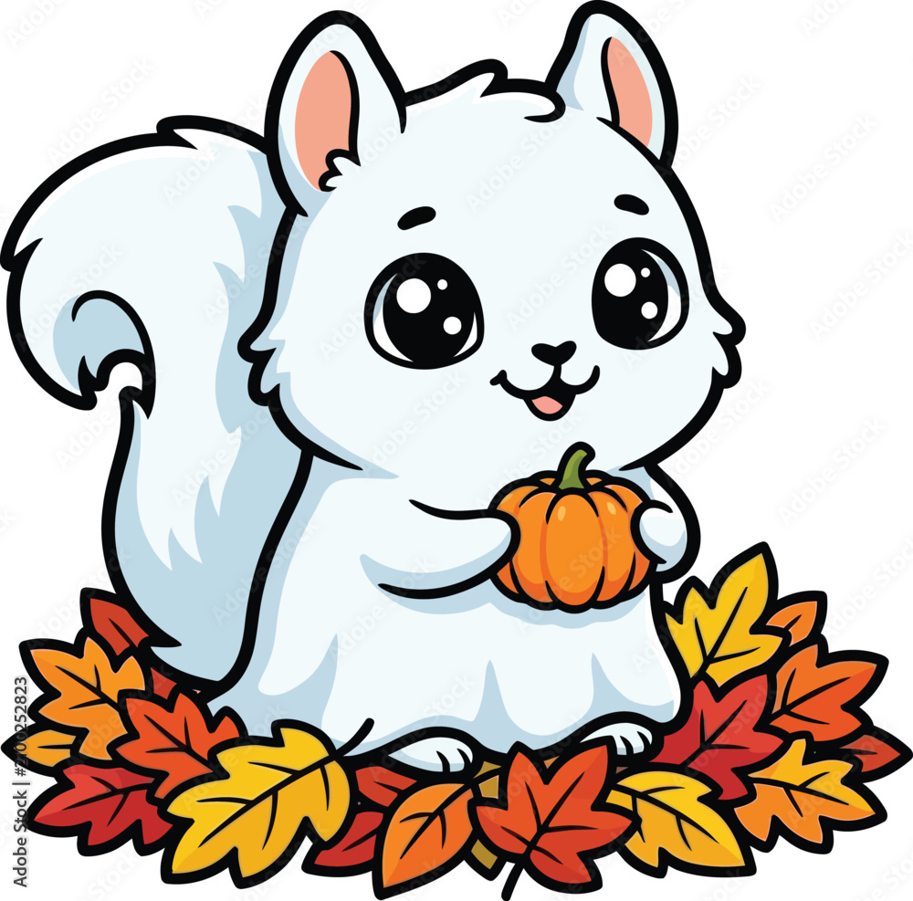 Obraz premium Cute Ghost Squirrel Holding Pumpkin Halloween Cartoon Character