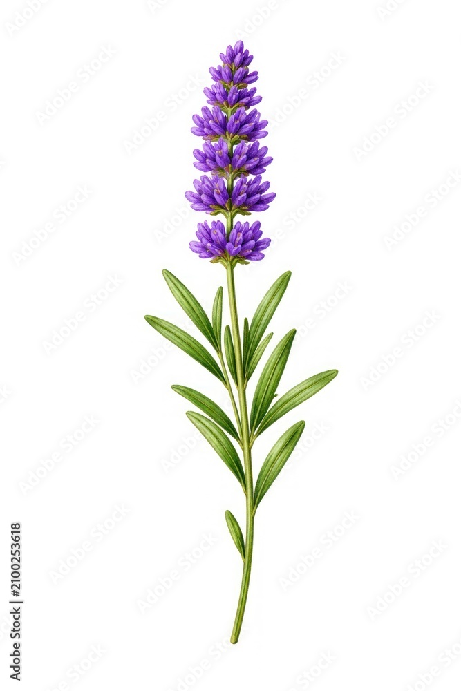Obraz premium Illustration of a lavender sprig with purple flowers and green leaves.