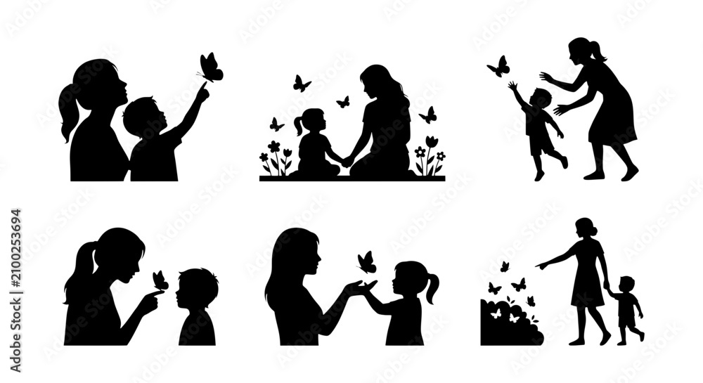 Obraz premium Mother and Child Silhouettes, Butterfly Interactions, Family Love Vector Set