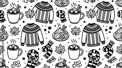 Seamless black and white line art pattern featuring cozy winter and autumn elements including knitted sweaters, mugs of hot cocoa with marshmallows, striped scarves, and maple leaves.