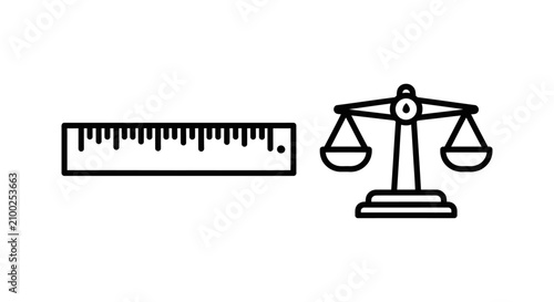 Measuring ruler and traditional balance scale icon set with measurement engineering precision distance centimeter millimeter equipoise fairness comparison analysis instrument