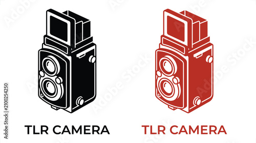 Foto Retro Twin Lens Reflex Camera silhouette in black and red isolated on white back