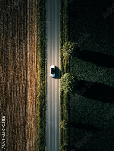 Modern car driving from Danish farmland into German autobahn, cinematic aerial view with realistic early morning light, minimalist composition, subtle motion blur, calm professional automotive scene.