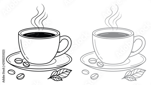 Fotografie Steaming cup of coffee with beans and leaves on saucer isolated on white backgro