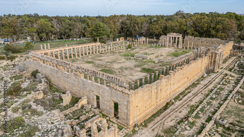 Views of Cyrene ruins in Eastern Libya from above showcasing ancient architecture and historical significance