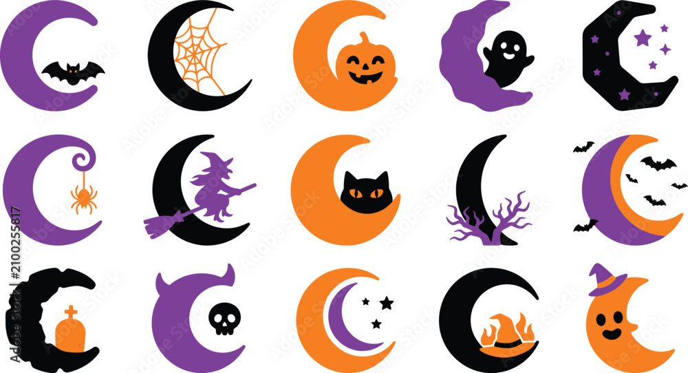 Obraz premium Halloween crescent moon icons collection with spooky elements