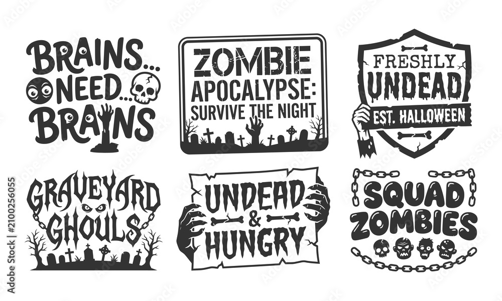 Fototapeta premium Black White Zombie Typography Collection with Horror Fonts Cracked Lettering Graveyard Elements and Creepy Vector Illustrations