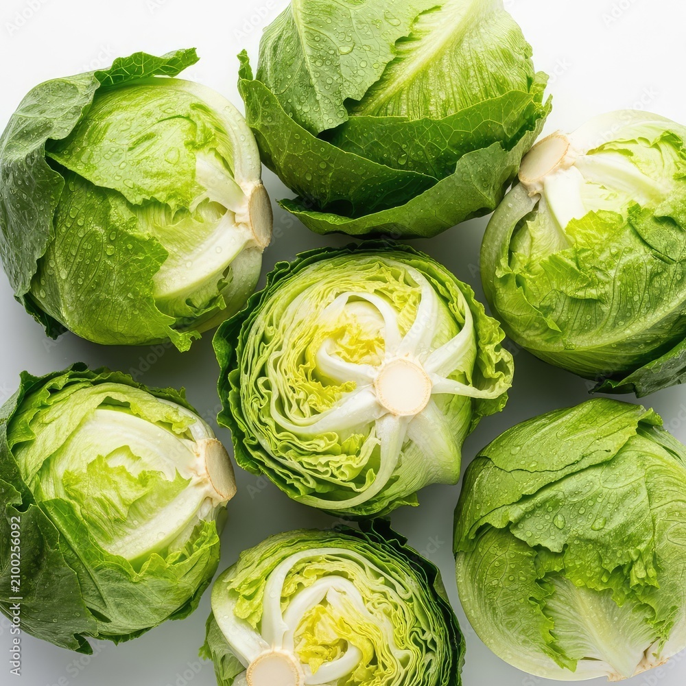 Fototapeta premium Top view of fresh iceberg lettuce heads arranged closely on a seamless white backdrop, highlighting crisp textures and vibrant green leaves, leafy, leaf, farm