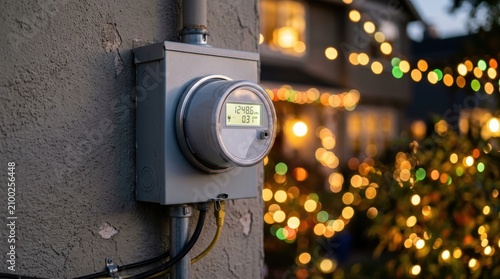A modern electric meter mounted on a residential wall with a glowing bokeh background, symbolizing smart energy monitoring and efficient household electricity management. 