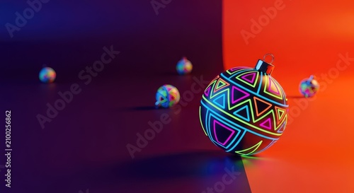 Vivid modern holiday scene with bright neon baubles and festive decor scattered on a high contrast colorful background with soft shadows, fun, objects, event