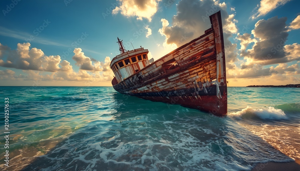 Obraz premium Old shipwreck on a tropical beach at sunset. Abandoned rusty boat stranded on the shore.