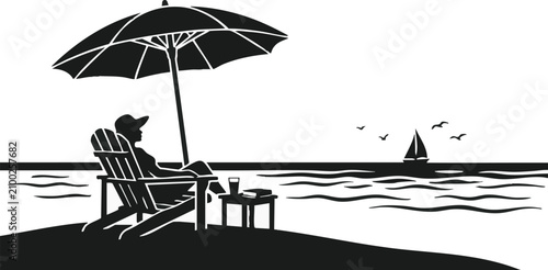 Beachgoer sits in a wooden chair under a large umbrella while watching a distant sailboat.