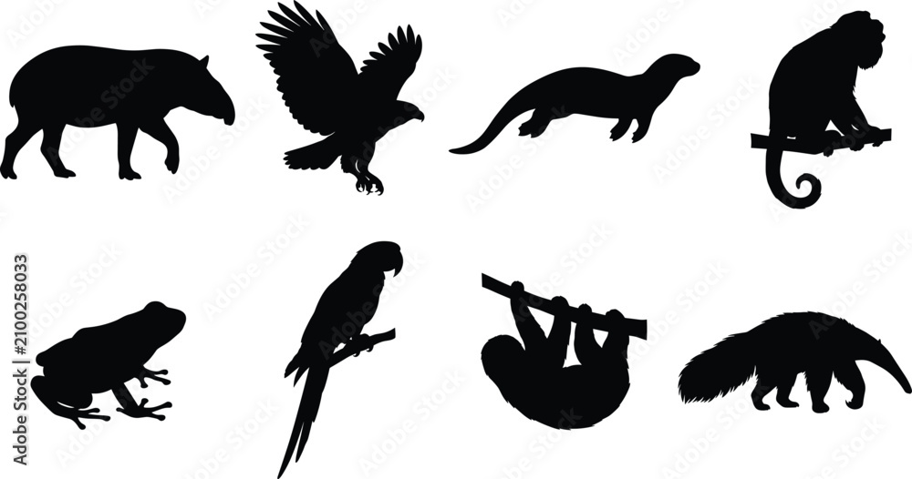 Obraz premium Wildlife Animal Silhouette Icon Set Collection with Tapir, Eagle, Otter, Chameleon, Sloth and Anteater Vectors