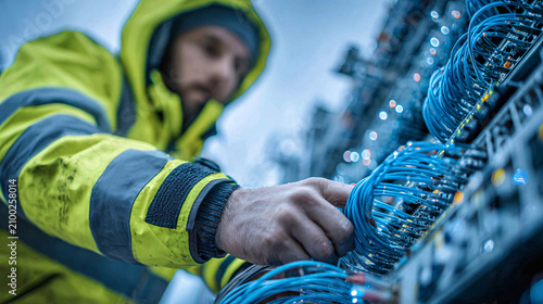 modern fiber optic network construction site, glowing blue fiber optic cables, telecom engineers wearing fluorescent