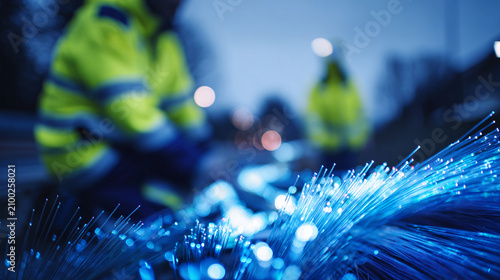 modern fiber optic network construction site, glowing blue fiber optic cables, telecom engineers wearing fluorescent