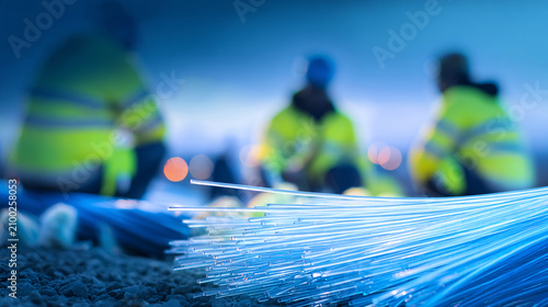 modern fiber optic network construction site, glowing blue fiber optic cables, telecom engineers wearing fluorescent