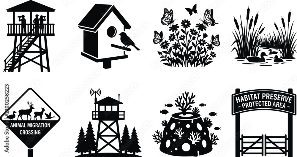 Fototapeta premium Wildlife Habitat Conservation Black Silhouette Vector Bundle Featuring Observation Towers Birdhouse Wetland Animals Nature Reserve Elements
