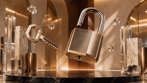Luxury gold padlock and key levitating in elegant room