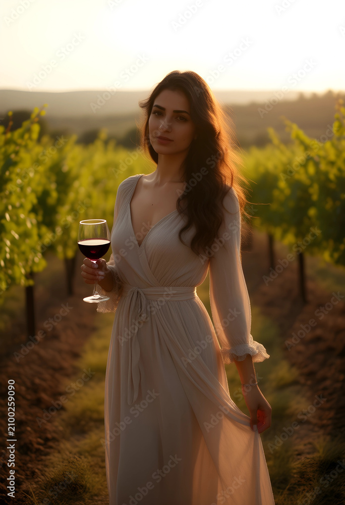 Obraz premium Young woman in a flowing dress holding a glass of red wine in a sunlit vineyard at sunset