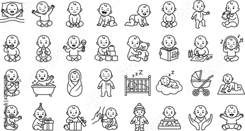 Fotografie Cute Baby Character Milestones and Daily Care Routine Icon Set with Infant Growt