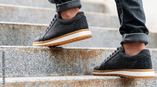 Man's stylish dark sneakers stepping up on weathered granite stairs