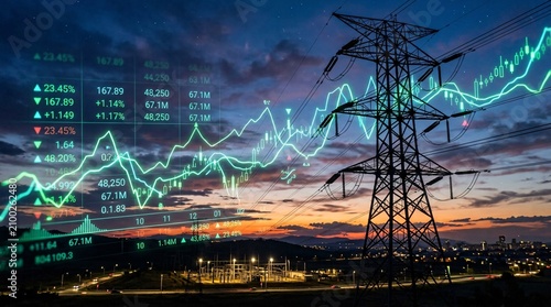 Conceptual financial image blends a silhouetted massive steel electrical tower against a twilight sky with glowing green market graphs.