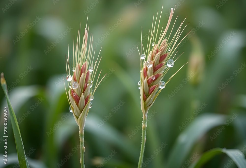 Obraz premium Two green wheat ears with glistening morning dew drops in a lush agricultural field, growth and harvest