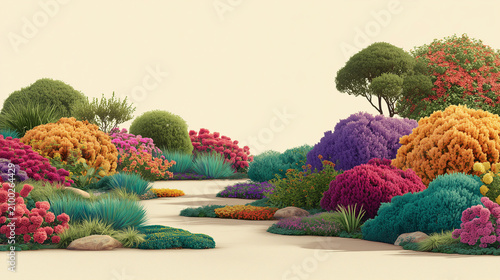 Beautiful Blooming Garden with Colorful Flowers Lush Trees Winding Path and Vibrant Spring Summer Landscape in a Peaceful Park Setting