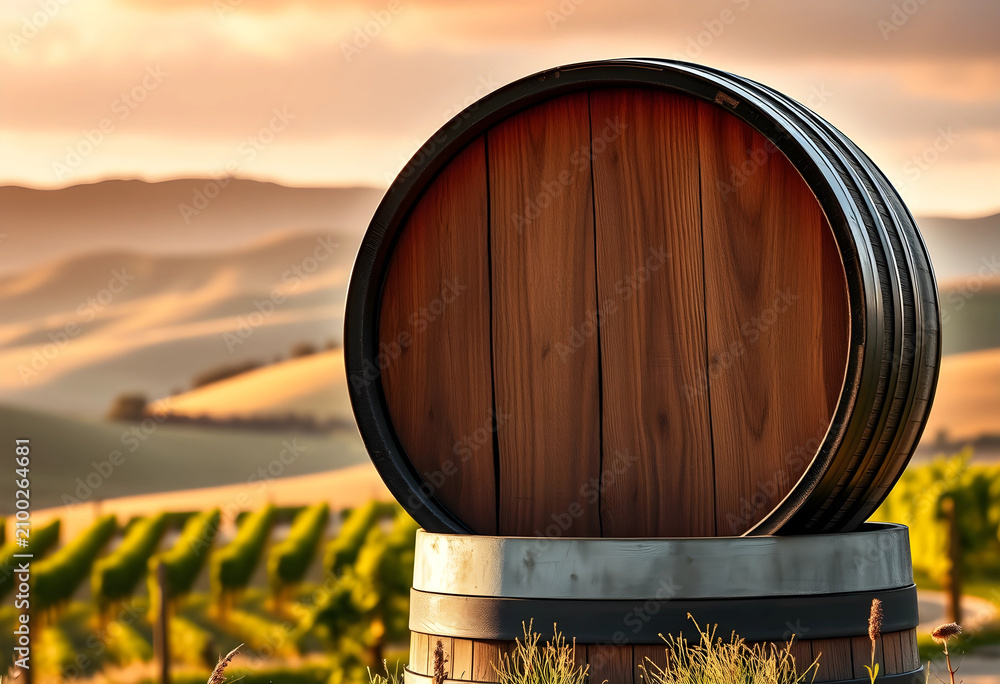 Obraz premium Wooden wine barrel with metal bands in a vineyard at sunset, winemaking and agriculture concept, the golden light illuminates the rolling hills and rows of grapevines in the background