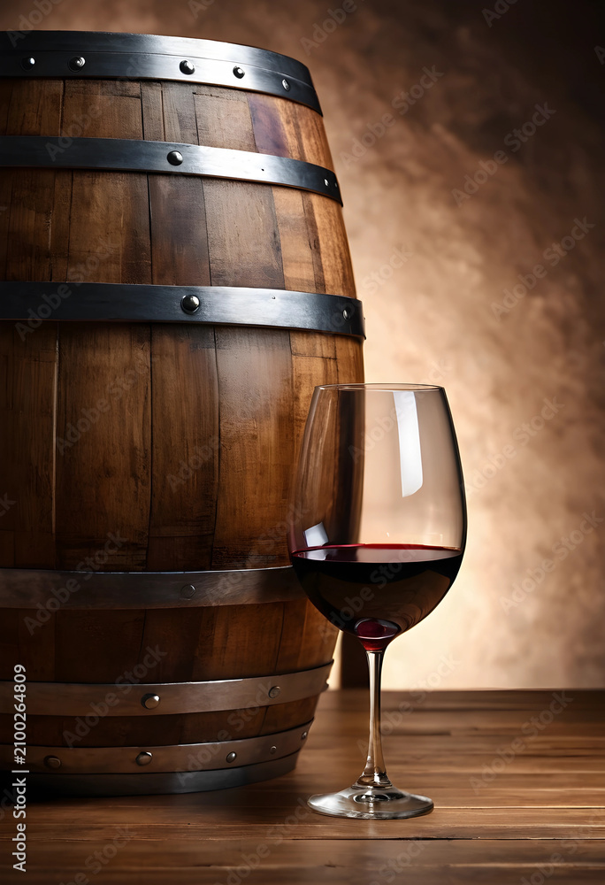 Obraz premium Red wine glass and wooden barrel on a rustic table, winery and cellar concept, beverage and alcohol industry