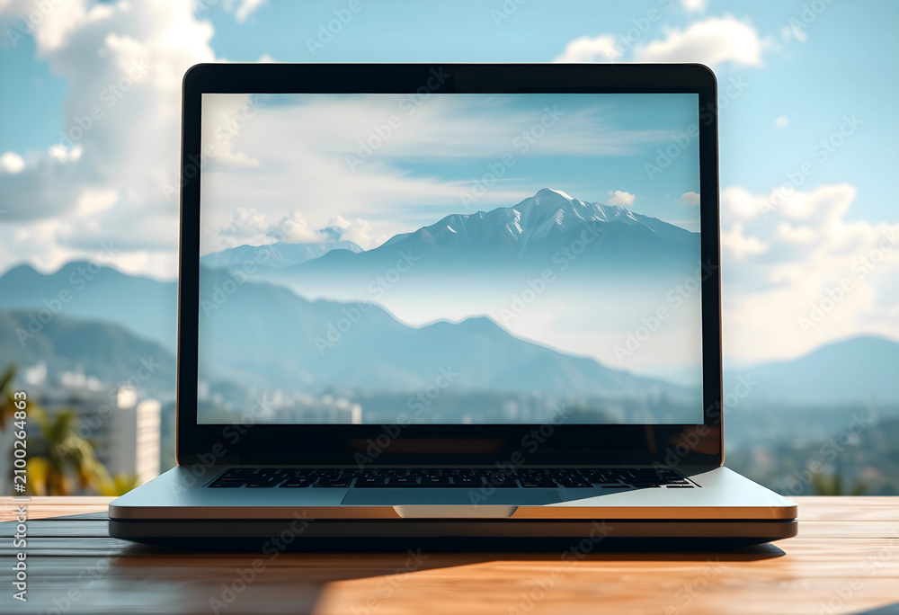 Obraz premium Laptop displaying a snowy mountain landscape on screen with a blurred outdoor mountain view background, the device sits on a wooden surface with a blurred outdoor background mountains, city