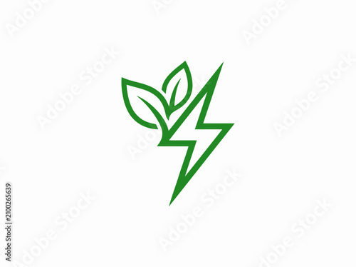 Green energy symbol, lightning bolt with leaves, renewable power concept