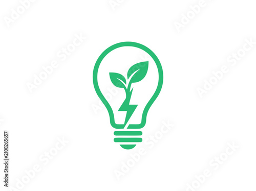 Green Energy Lightbulb Icon with Growing Plant and Lightning Bolt