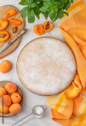 Homemade apricot pie. Charlotte. Fresh delicious pastries. Selective focus, top view