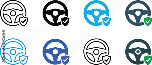 Car insurance and safe driving protection icon set showing steering wheel guarded by protective shield with checkmark.Car insurance and safe driving protection icon set showing steering wheel guarded 