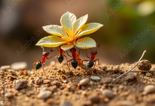 Red ants carrying a yellow ...