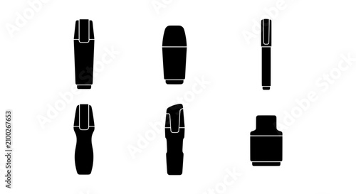 Foto Marker Icons Set, Black Felt Tip Pens, Writing Tools, Graphic Design Elements