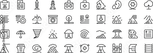 Foto Natural disaster emergency survival kit and environmental hazard thin line vector icon set with severe weather warning symbols