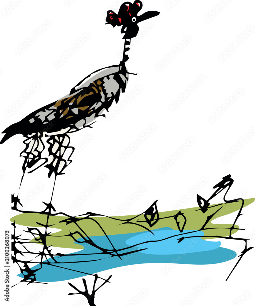 Obraz premium Hand drawn childish style crane bird standing in swamp water