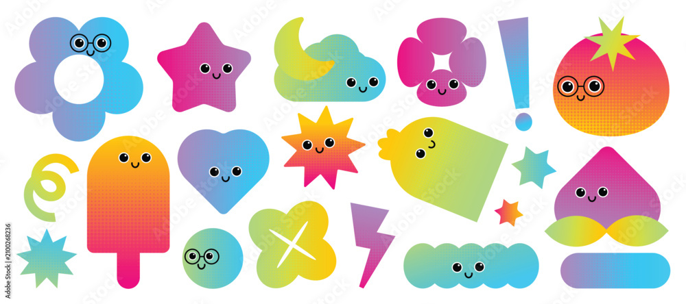 Naklejka premium Abstract funny and cute halftone characters set with face emotions. 