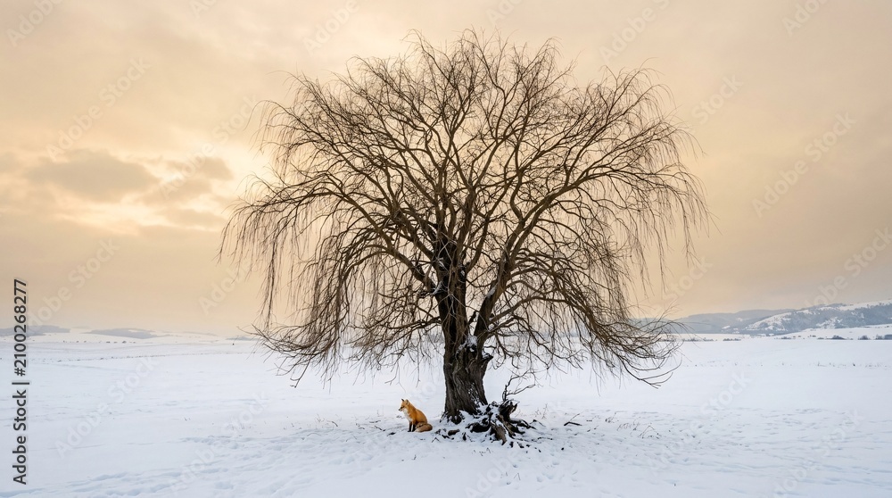 Obraz premium Majestic bare weeping willow tree stands alone in a snowy winter landscape while a bright red fox sits quietly near the bottom trunk.
