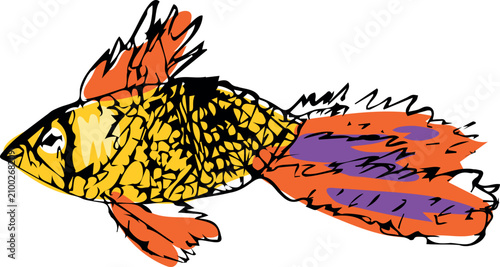Hand drawn childish style yellow and orange aquarium fish with simple textures