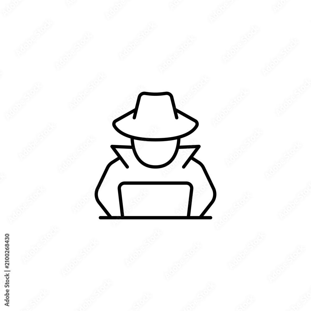 Fototapeta premium Hacker Icon - Anonymous Cyber Criminal with Laptop Line Vector Icon, Cyber Security and Data Theft Symbol